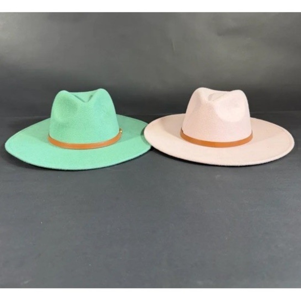 Lot of 2 Wide Brim Western Fedora Hats Med. Green & Pink Tan Leather Band Boho